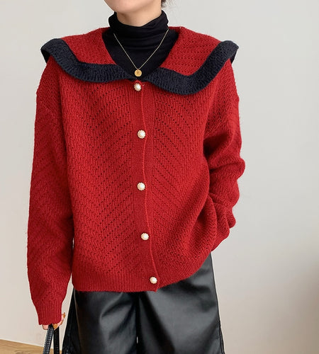 Patchwork Women Cardigan Sweater Harajuku Fashion Sailor Collar Pearl Button Knitted Jacket  Fall Casual Female Coats