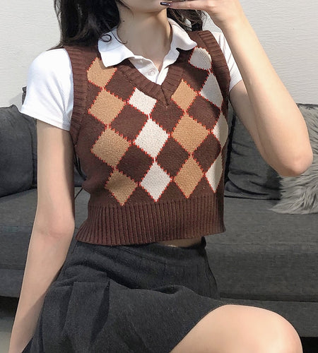 Argyle Women Sweater Vest Vintage Autumn Knit Pullover Cute Crop Jumper Short Sweater Streetwear Brown Top