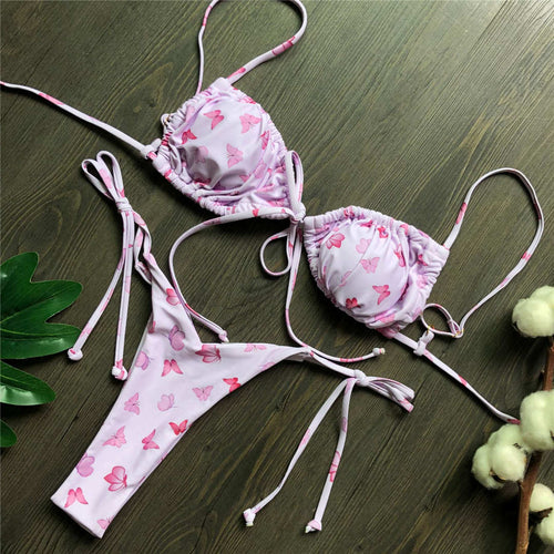 Load image into Gallery viewer, Wrinkled Lace Up Mini Thong Bikini Female Swimsuit Women Swimwear Two-Pieces Bikini set Tie Dye Bather Bathing Suit Swim V2552B
