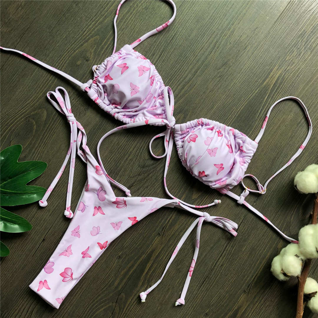 Wrinkled Lace Up Mini Thong Bikini Female Swimsuit Women Swimwear Two-Pieces Bikini set Tie Dye Bather Bathing Suit Swim V2552B