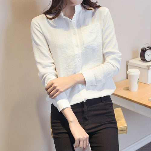 Load image into Gallery viewer, Autumn Women White Shirt Long Sleeve Fashion Stand Collar Cotton Linen Loose Female Blouse Casual Korean Solid Sweet Tops
