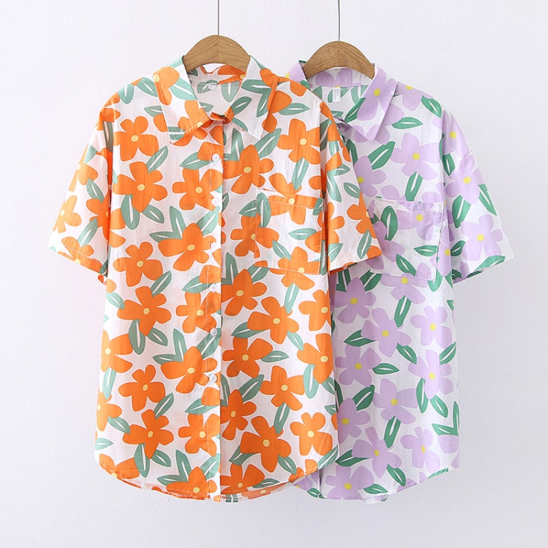 Loose Women Shirt 100% Cotton Chiffon Summer Fashion Print Floral Designed Short Sleeve Button Up Tops Casual Beach Shirts