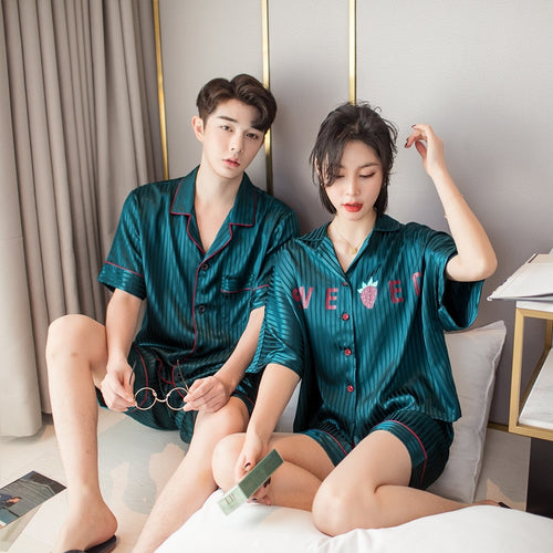 Load image into Gallery viewer, Summer Women&#39;s Pajamas Set Fashion Letter Pattern Short Sleeve Couple Sleepwear for Men Silk Like Leisure Home Clothes Nightwear
