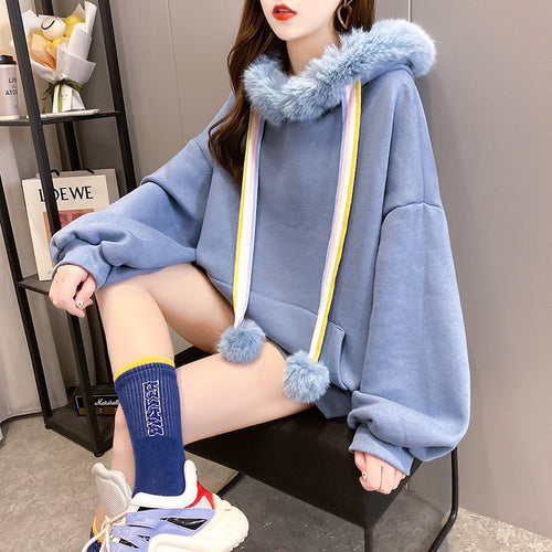 Load image into Gallery viewer, Winter Warm Women Hoodies Thick Sweet Faux Fur Hooded Wool Liner Loose Japan Girls Oversize Sweatshirt Casual Pink Tops
