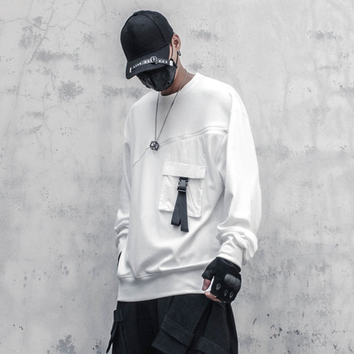 Load image into Gallery viewer, Men Patchwork Sweatshirt Hip Hop Streetwear Fashion Harajuku Pocket Ribbons O-Neck Pullover Loose Tops WB390
