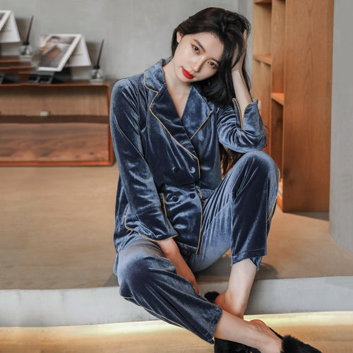 Load image into Gallery viewer, High Quality Women&#39;s Pajamas Set Golden Velvet Sleepwear Luxury Style Homewear V Neck Nightwear Casual Pyjamas Femme New
