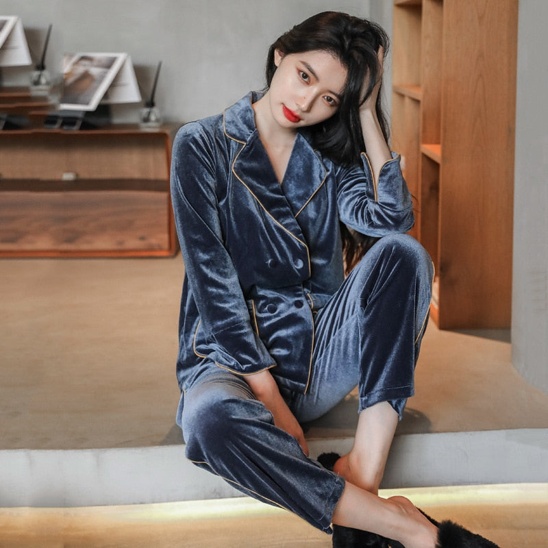 High Quality Women's Pajamas Set Golden Velvet Sleepwear Luxury Style Homewear V Neck Nightwear Casual Pyjamas Femme New