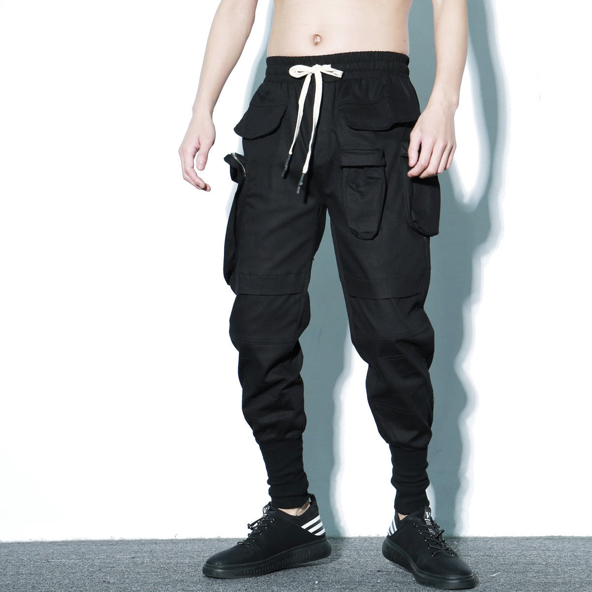 Tactical Functional Cargo Pants Men Hip Hop Streetwear Elastic Waist Joggers Trousers Multi-pocket Pant Black WB525