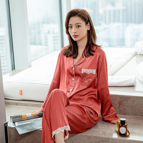 Load image into Gallery viewer, Spring Women&#39;s Pajamas Set Luxury Style Fashion Candy Color Sleepwear Silk Like Nightie Leisure Home Clothes Nightwear Set
