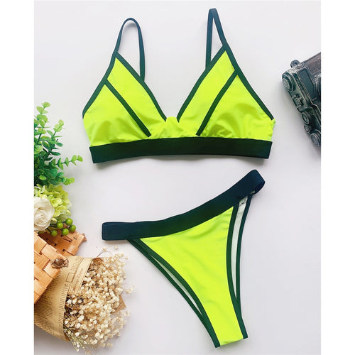 Load image into Gallery viewer, Sexy Neon Green High Leg Cut Bikini Women Swimwear Female Swimsuit Two-pieces Bikini set Splicing Bather Bathing Suit Swim V3146
