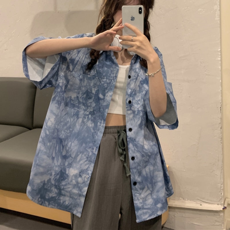 Tie Dye Women Shirts Summer Loose Half Sleeve Hip Hop Japan Girls Tops Fashion Button Up Black Casual Blue Ladies Blouse