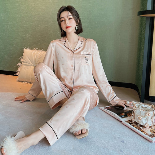 Load image into Gallery viewer, Women&#39;s Pajamas Set V Neck Luxury Style Fashion Heart Embroidered Sleepwear Silk Like Home Suit Nightwear Pijama Femme
