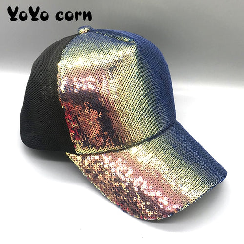 Load image into Gallery viewer, Striking Pretty Adjustable Women Panama Girls Hats For Party Club Gathering rainbow Sequins  Shining Mesh Baseball Cap
