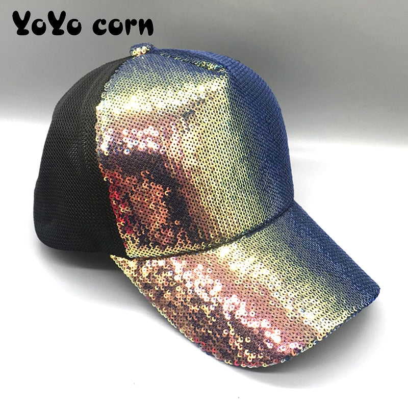 Striking Pretty Adjustable Women Panama Girls Hats For Party Club Gathering rainbow Sequins  Shining Mesh Baseball Cap