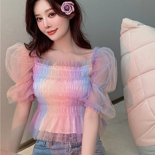 Load image into Gallery viewer, Cute Women Mesh Blouse Summer Puff Sleeve Fashion Rainbow Designed Slim Japan Crop Tops Casual Slim Ladies Blusas
