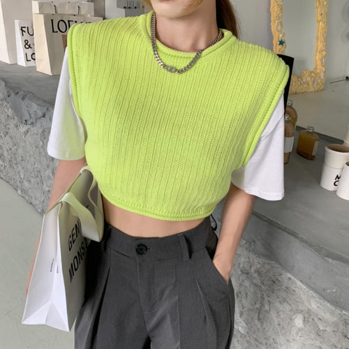 Load image into Gallery viewer, Loose Women Vest Tanks Summer Sleeveless Solid White Knit Korean Pullover O Neck Crop Tops Casual Hollow Out Thin Tops
