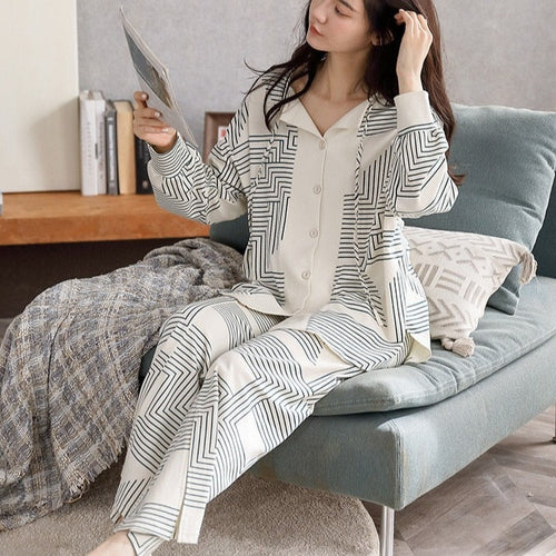 Load image into Gallery viewer, Autumn Women&#39;s Pajamas Set High Quality Bohemian Stripes Print Sleepwear V Neck Cotton Homewear Nightwear Pyjamas Femme
