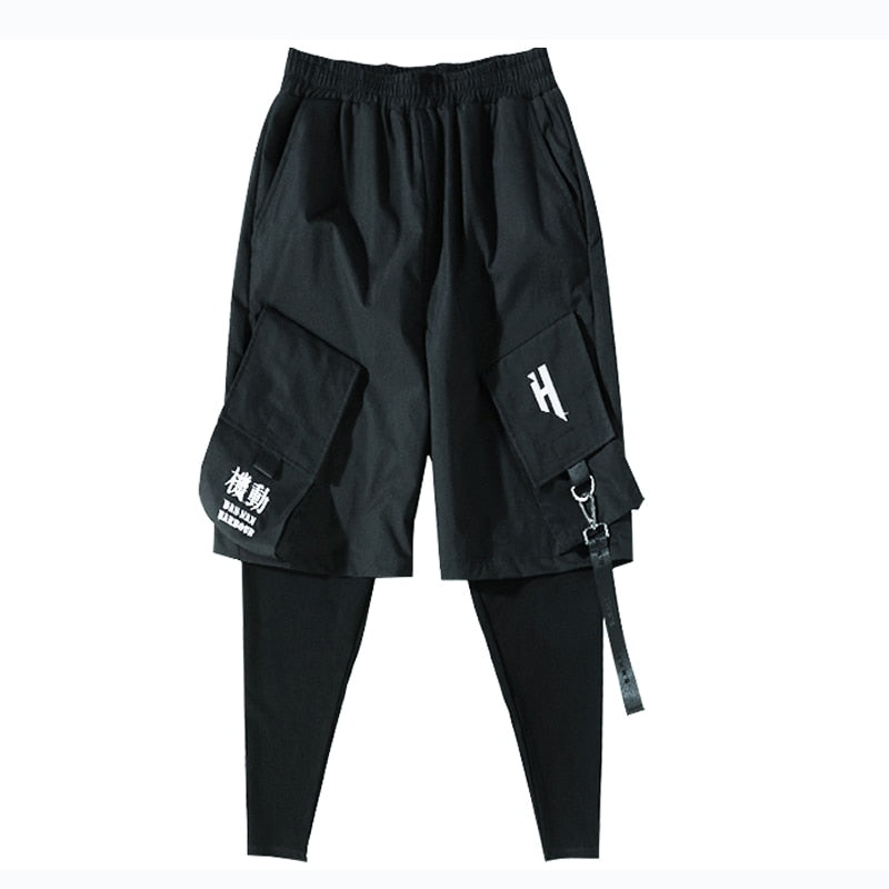 Tactical Functional Cargo Pants Joggers Men Fake two Pieces Trousers Hip Hop Streetwear Pant Black GB246