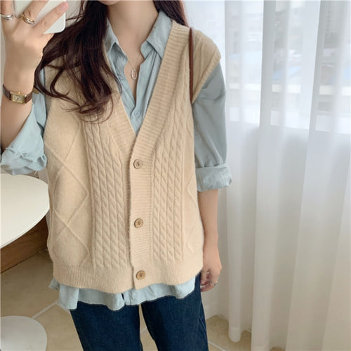 Load image into Gallery viewer, Autumn Women Vest Sweater Loose Fashion V Neck Single Breasted Korean Sleeveless Knitted Cardigan Solid Casual Ladies Tops
