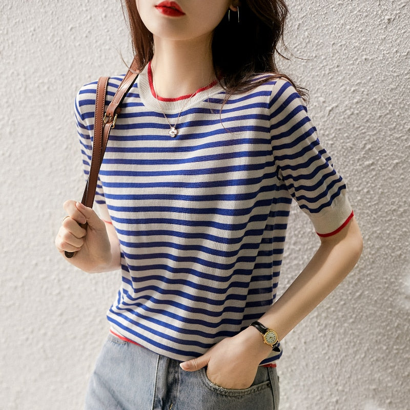 Loose Knit Women T Shirt Summer Striped Casual O Neck Short Sleeve Tees Korean Fashion Simple Ladies Tops Tshirt Blue