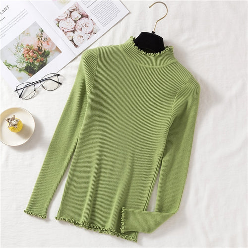 Load image into Gallery viewer, Women Knit Sweater Autumn Long Sleeve Pullover Tops Elastic Ruffles Korean Slim Jumper Fall Solid Ladies Tops
