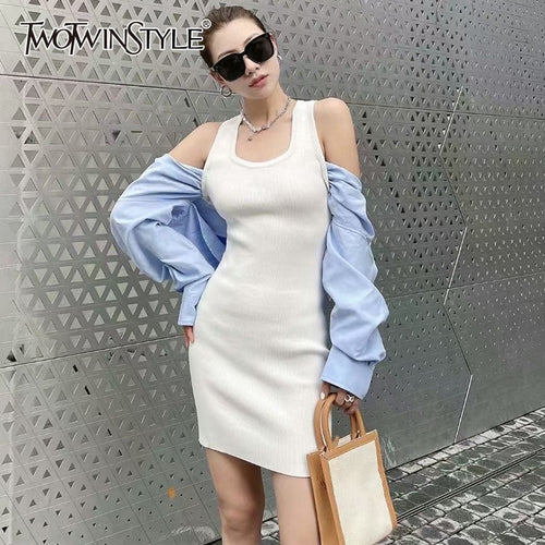 Load image into Gallery viewer, Colorblock Casual Bodycon Dress Female Lapel Long Sleeve High Waist Slim Mini Dresses For Women Summer Fashion
