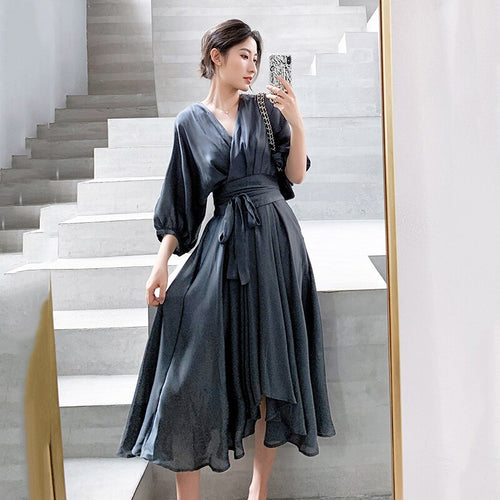 Load image into Gallery viewer, Elegant Chiffon Dress For Women V Neck Lantern Sleeve High Waist Korean Dresses Female Fashion Clothing Spring
