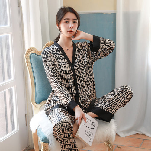 Load image into Gallery viewer, 2pcs Women&#39;s Pajamas Sets Woman Pajama Summer V Neck Design Suit Long Sleeve Trousers Set Home Clothes Sexy Satin Silk Pijamas
