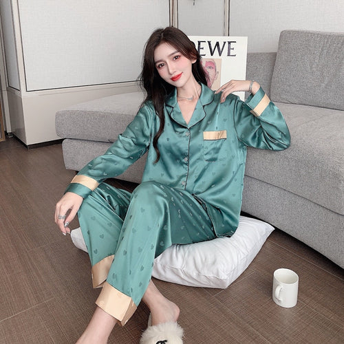 Load image into Gallery viewer, Women&#39;s Pajamas Set Fashion Sweet Heart Print Sleepwear Silk Like Nightie Leisure Home Clothes Nightwear Pyjamas Femme
