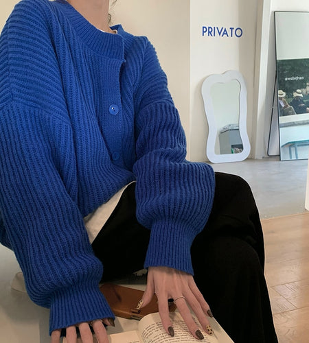 Loose Women Cardigan Sweater Designed Casual O Neck Blue Jumper Winter Thick Loose Female Knitted Coats Oversize Tops