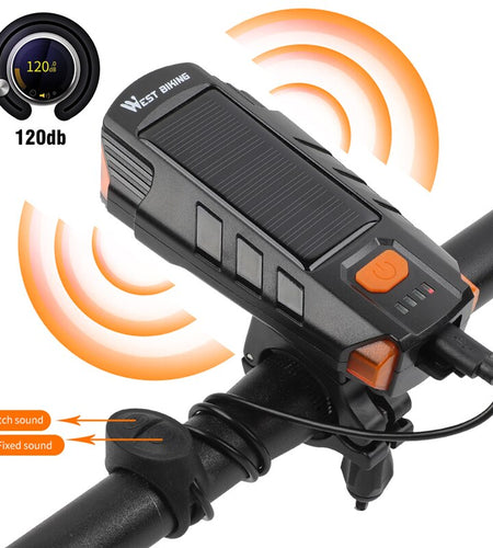 USB Rechargeable Bicycle Light 2000mAh Solar Power LED Cycling Headlight Waterproof 120dB Bike Horn Warning Lamp