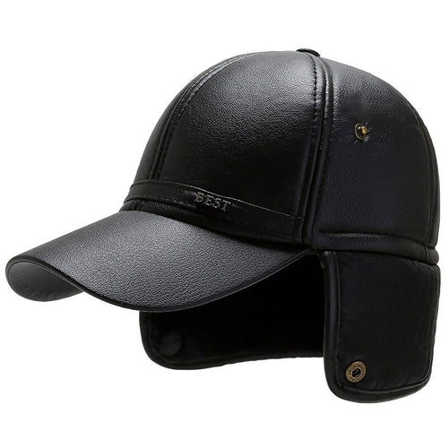 Load image into Gallery viewer, Black Pu Leather Baseball Cap Men&#39;s Winter Snapback Hat Earflaps Warm Baseball Caps Casquette Homme Dad Hat
