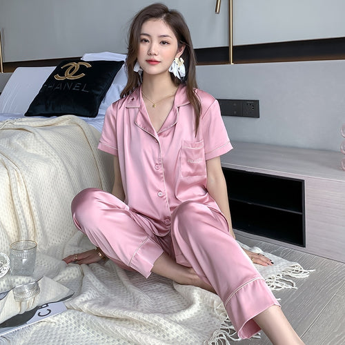 Load image into Gallery viewer, Women&#39;s Pajamas Set Luxury Fashion Lovers Sleepwear Couple Nightwear Silk Like Female Male Home Clothes Suit for Men
