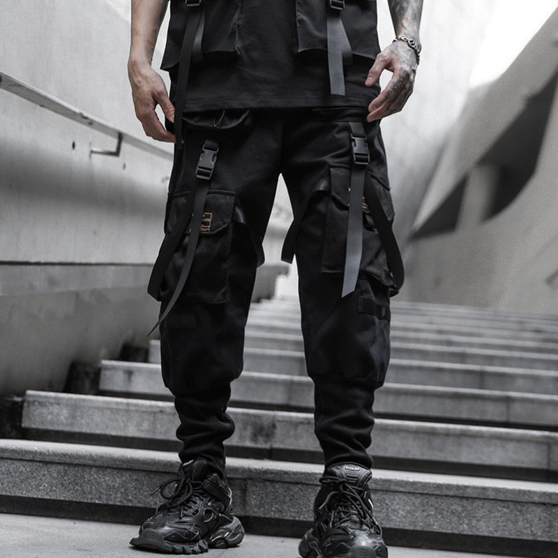 Tactical Cargo Pants Men Harajuku Streetwear Function Pants Ribbon Multi-pocket Trousers Elastic Waist Hip Hop Male WB283