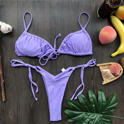 Load image into Gallery viewer, Wrinkled Lace Up Mini Thong Bikini Female Swimsuit Women Swimwear Two-Pieces Bikini set Tie Dye Bather Bathing Suit Swim V2552B
