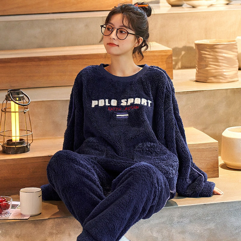 High Quality Women's Pajamas Set Cute Flannel Sleepwear Casual Homewear Men Couple Thick and Warm Winter Pyjamas Femme