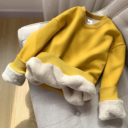 Winter Thick Women Sweatshirt Warm Fashion Simple O Neck Casual Pullover Top Loose Furry Lining Pullover Student Sweatshirt