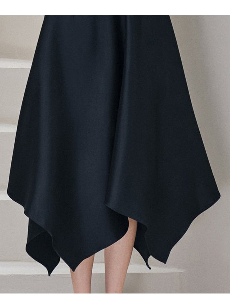 Elegant Black Dress For Women Square Collar Sleeveless High Waist Solid Patchwork Bowknot Midi Dresses Female Style