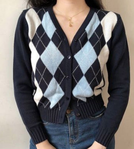 Argyle Women Cardigan Vintage Autumn Knit Short Sweater Long Sleeve England Fashion Casual Female Outwear