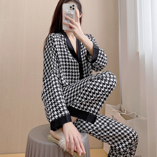 Load image into Gallery viewer, Autumn Women&#39;s Pajamas Houndstooth Sleepwear Fashion Style Silk Like Nightwear Casual V-neck Homewear Pyjamas Femme
