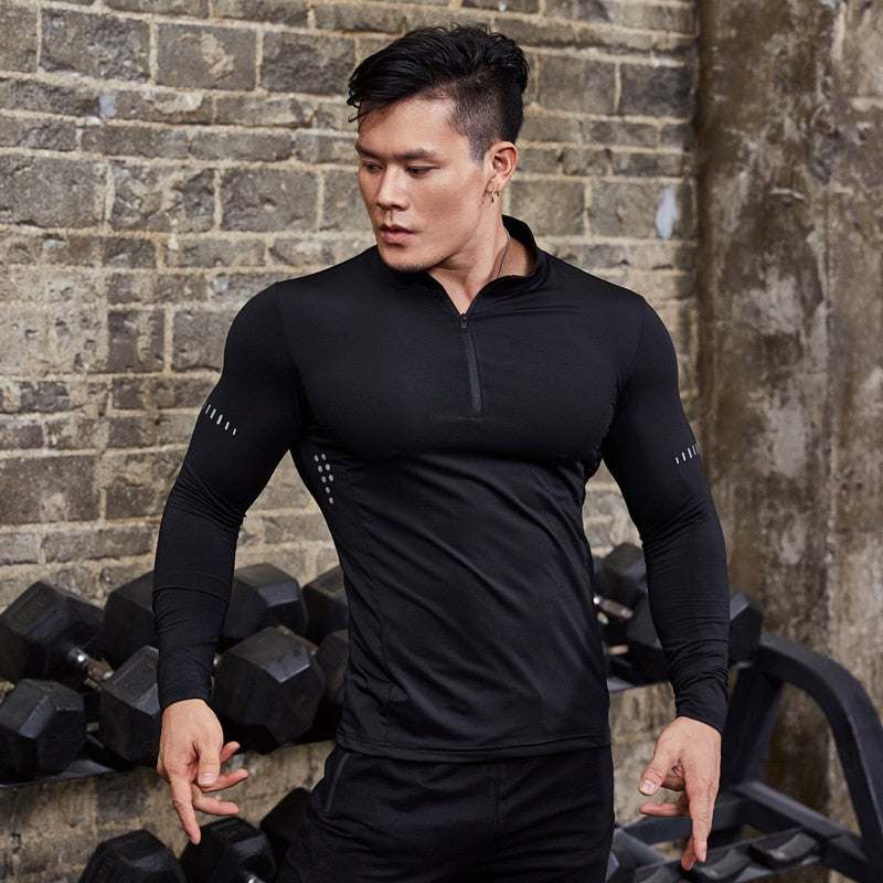 Men Tight Sport T-Shirt Long Sleeve Gym Running Clothing Fitness Compression Sportswear Zip Pullover Hiking Rashgard Sweatshirt