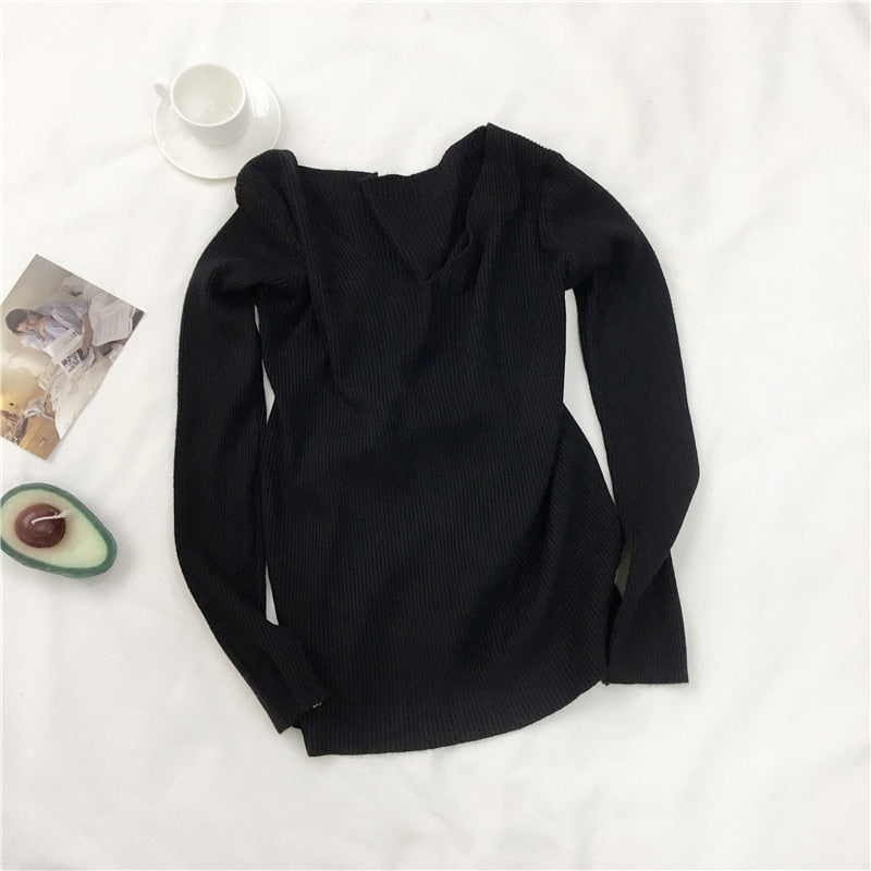 Women Sweater Autumn Long Sleeve Pullover Basic Top Fashion V-neck Elastic Female Winter Solid Knitted Jumper