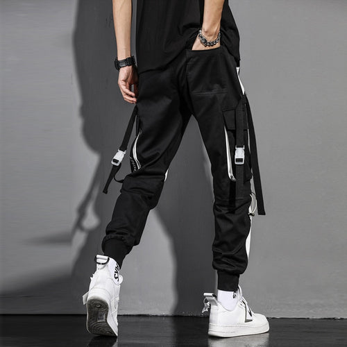 Load image into Gallery viewer, Tactical Ribbons Cargo Trousers Men Hip Hop Streetwear Elastic Waist Patchwork Pants Joggers Multi-pocket Black White WB510
