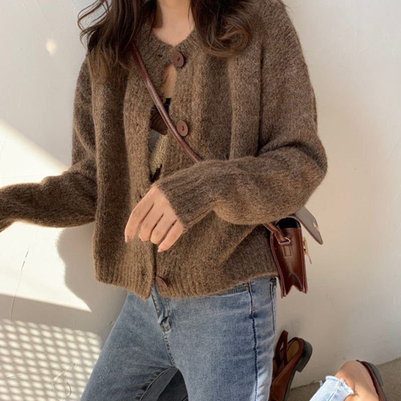 Loose Women Cardigan Sweater Casual O Neck Loose Knitted Jacket Long Sleeve Korean Fall Button Up Female Short Sweater Coat