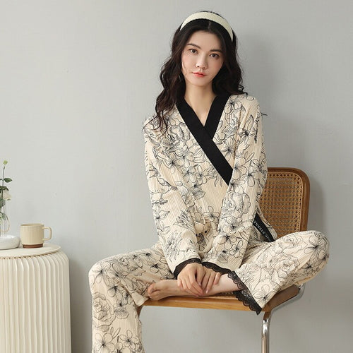 Load image into Gallery viewer, High Quality Women&#39;s Pajamas Set Kimono Ins Style Sleepwear Cotton Casual Homewear V Neck 2pcs Nightgown пижама женская
