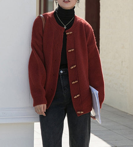 Vintage Women Cardigans Sweater Horn Button Winter Long Sleeve Casual O Neck Loose Knit Short Jacket Solid Thick Cardigans