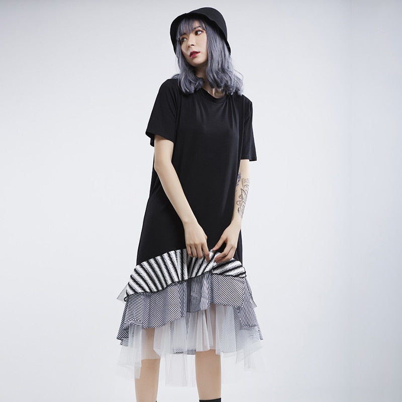 Elegant Striped Mesh Patchwork Women Dress O Neck Short Sleeve Asymmetrical Hit Color Dresses Female Fashion