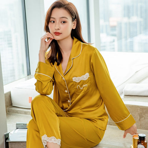 Load image into Gallery viewer, Spring Women&#39;s Pajamas Set Luxury Style Fashion Candy Color Sleepwear Silk Like Nightie Leisure Home Clothes Nightwear Set
