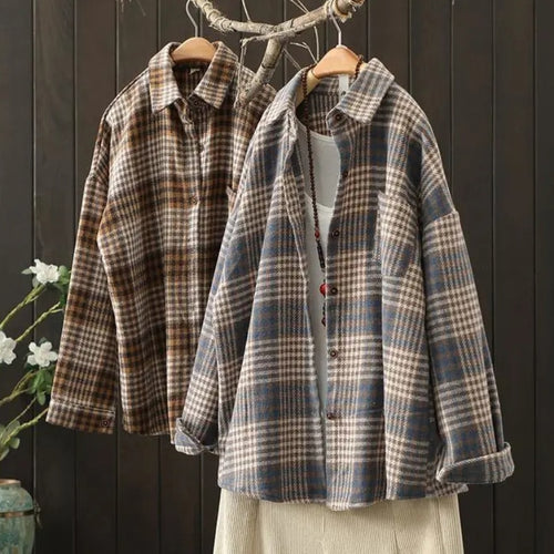 Load image into Gallery viewer, Houndstooth Women Shirts Vintage Plaid Button Up Oversize Female Tops Fall Long Sleeve Korean Loose Ladies Shirt
