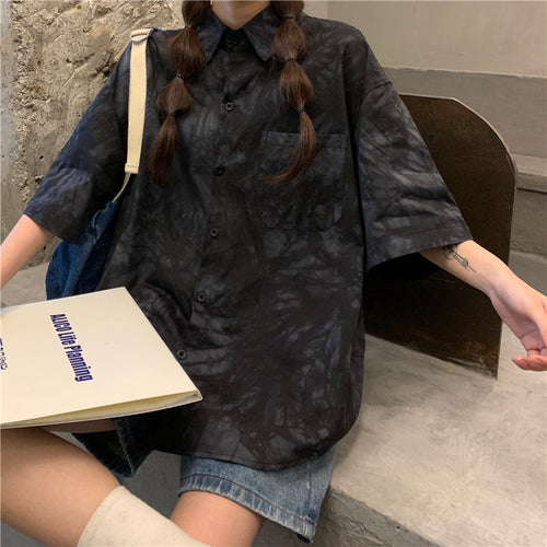 Load image into Gallery viewer, Tie Dye Women Shirts Summer Loose Half Sleeve Hip Hop Japan Girls Tops Fashion Button Up Black Casual Blue Ladies Blouse
